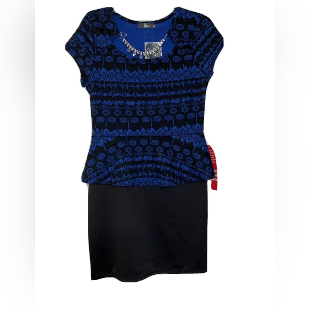 Prime Women's Midi Dress Black and Blue with Removable Rhinestone Necklace Sz XL